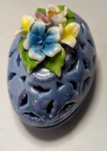 Vintage Blue Lusterware Filigree Egg Trinket Dish With Floral Lid